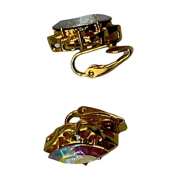 Lind Gold Tone Marquise Aurora Borealis Rhinestone Cut Clip-On Earrings 3/4” - Picture 2 of 10